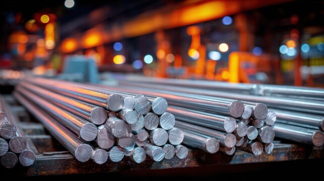 Metal rods stacked in a factory with warm industrial lighting in the background