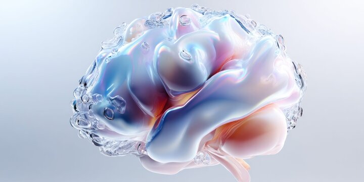 Abstract iridescent brain-like form with liquid bubbles and smooth curves