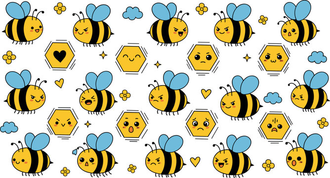 Cute cartoon bees and honeycomb pattern set with smiling characters flowers hearts and clouds playful vector illustration collection