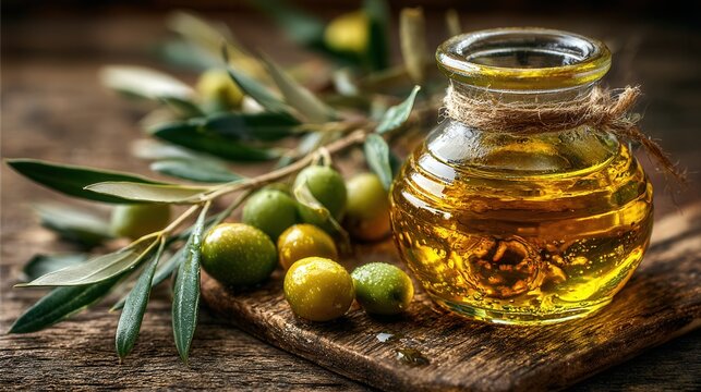 close-up of olive oil in a glass dish with green olives and olive branches, organic farming and Mediterranean cooking concept, realistic lighting and natural composition