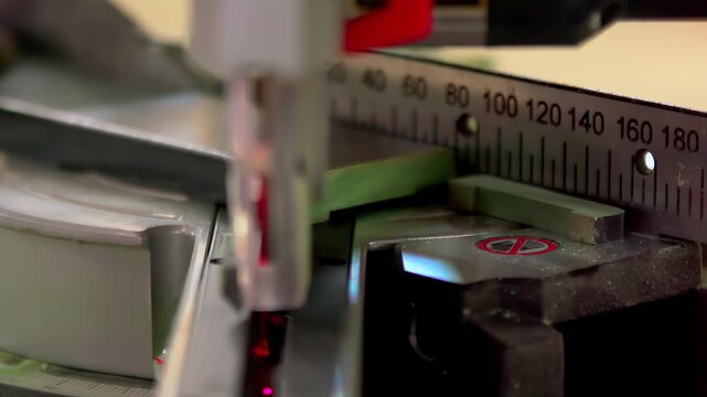 A close-up view of a precision laser cutter operating on a metal surface, guided by a measuring scale. The scene highlights the accuracy and technology involved in industrial metalwork.