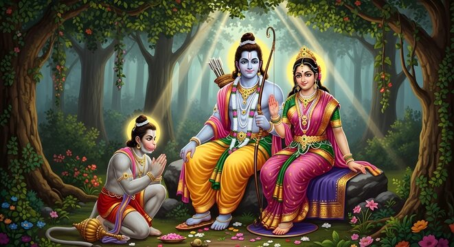 Lord Rama and Sita seated in a lush forest with Lord Hanuman kneeling in humble reverence symbolizing eternal devotion and spiritual loyalty in ancient Hindu mythology and epic tradition.