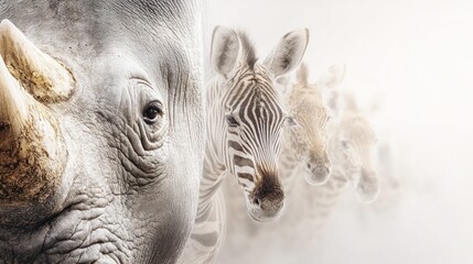 Naklejka premium Close-up of a rhinoceros face with a line of zebras and giraffes fading into the background