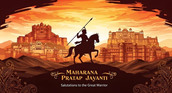Majestic Maharana Pratap Jayanti Commemoration Featuring Courageous Rajput Warrior Silhouette Standing Before Ancient Indian Fort Landscape Digital Painting Illustration