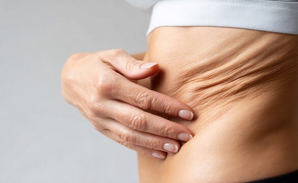 Close-up of a woman's hand touching wrinkled skin on her abdomen, showing signs of aging