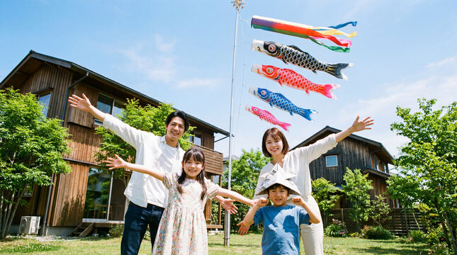 鯉のぼりを背景に笑顔で手を広げる家族　男の子は紙の兜を被っている