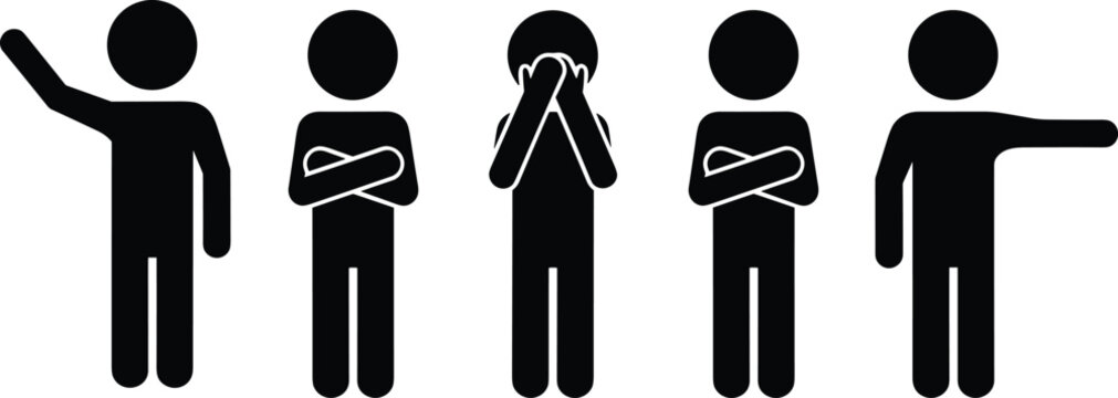 Black stick figure icons set showing various body language gestures including waving hand arms crossed covering face with hands and pointing to the side