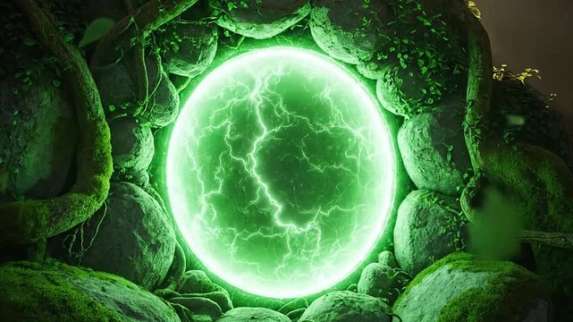 Mysterious glowing green orb amidst mossy rocks in a dark, ancient cave setting, evoking magic and fantasy.