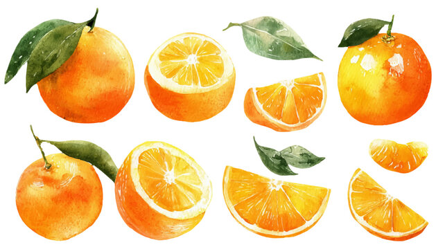 Fresh citrus fruits watercolor illustration set presenting whole and sliced oranges, mandarins, and clementines accompanied by green leaves, isolated on a white background
