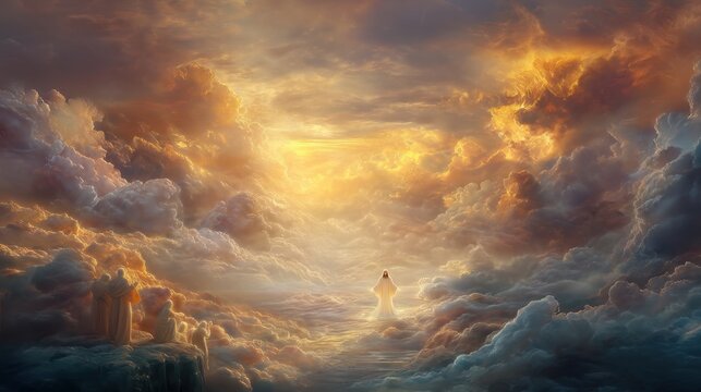 Jesus Christ standing in bright light amidst clouds. Biblical scene of afterlife with believers praying. Spiritual representation of heaven, salvation, redemption and divine glory concept.