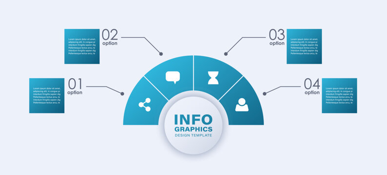 Semicircular chart divided into four equal parts. Business process, growth strategy, data visualization template
