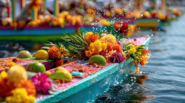 Colorful trajinera boat decorated with flowers and fruit on the water in Xochimilco. Mexican canal boat excursion. Traditional cultural celebration and ritual in Mexico during holiday.