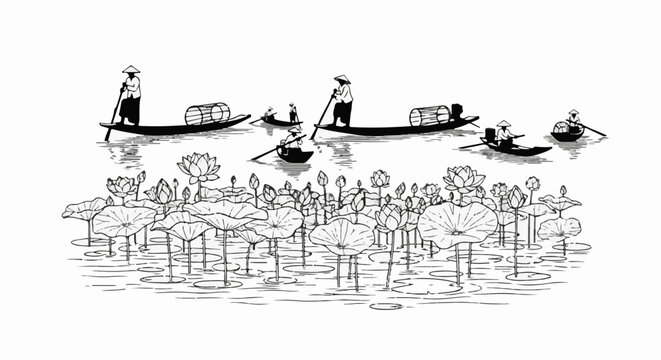 Traditional Asian waterway scene with boats and lotus flowers