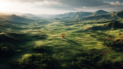 Naklejka premium Red map pin standing in wide green valley. GPS navigation marker concept in scenic landscape. Digital location tracking, exploration, travel destination, searching and finding goal.