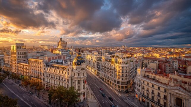 Aerial view of Madrid cityscape at sunset. Panoramic urban landscape featuring historic architecture and street traffic. European capital city at dusk. Travel destination and tourism concept.