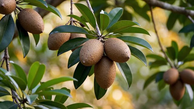 Sapodilla fruit growing on tropical tree branch highlights sapodilla as axis, repeated as sapodilla fruit, sapodilla tree, and sapodilla harvest for exotic food visuals, organic agriculture content