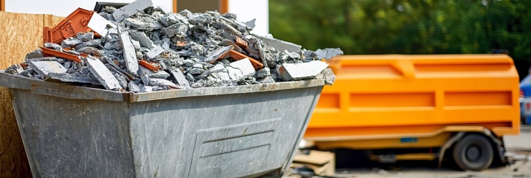 Dump Box Filled with Scrap Building Blocks and Concrete Rubbish from Renovation Project