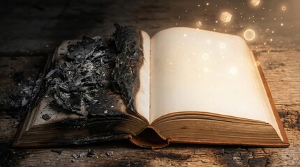 Obraz premium Half-burned book with ashes and glowing magical light.