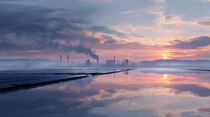 Obraz premium Floating solar panels in water with industrial factory in background. Sustainable energy generation and power plant pollution landscape. Transition to renewable power and ecological climate concept.