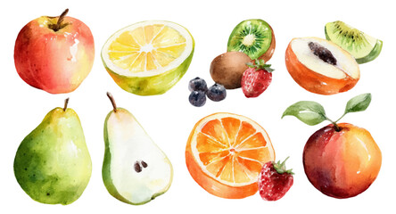 Fresh watercolor fruit and berry assortmentvibrant hand painted apples, pears, citrus, stone fruit and berries on white background, healthy, organic, nutritious illustration © Narin