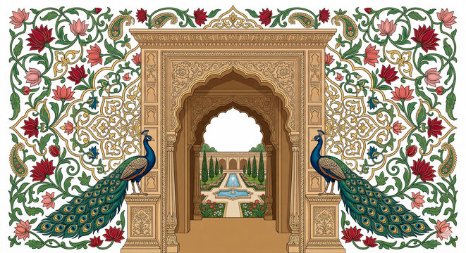 An ornate detailed illustration of an indian gateway flanked by peacocks with floral patterns on transparent background high quality professional modern