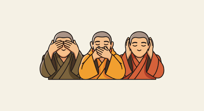 Three cartoon monks covering their eyes, mouth, and ears