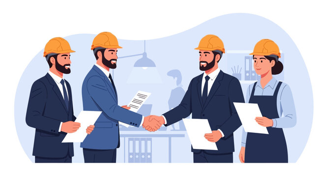 Vector illustration of four professional construction engineers and managers wearing hard hats and business suits, shaking hands and holding paper documents in a modern office environment.