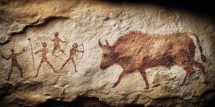 Ancient cave painting depicts hunters pursuing a large wild bull with spears and bows