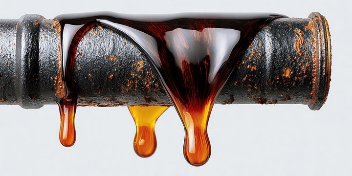 Close-up of a rusty pipe with thick, dark liquid dripping from a leak