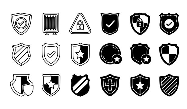 Black white shield icons vector set security protection heraldic symbols