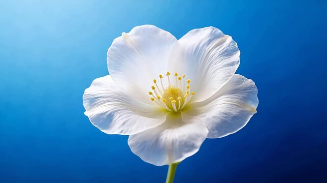 White flower with yellow center on blue background