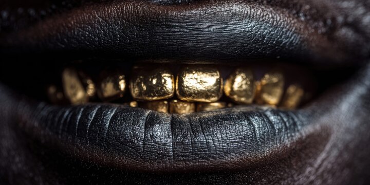 Close up of a person's mouth with black lipstick and gold teeth grills