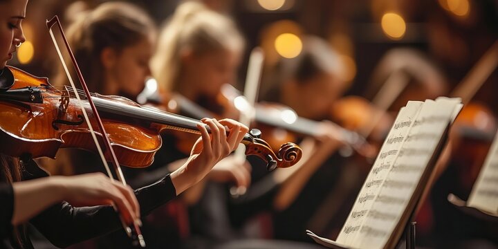 Symphony Orchestra Close-up Musicians Practicing String Instruments with Sheet Music in Harmony