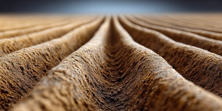 Abstract textured background with parallel ridges of brown material in a repeating pattern