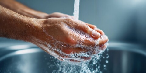 Fototapeta premium Close-up of a person washing their hands thoroughly with soap and water in a sink