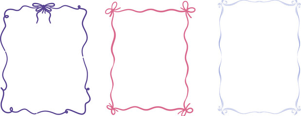 Elegant set of three hand-drawn doodle frames with bows and swirls, perfect for invites. © Ali