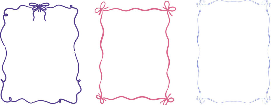 Elegant set of three hand-drawn doodle frames with bows and swirls, perfect for invites.