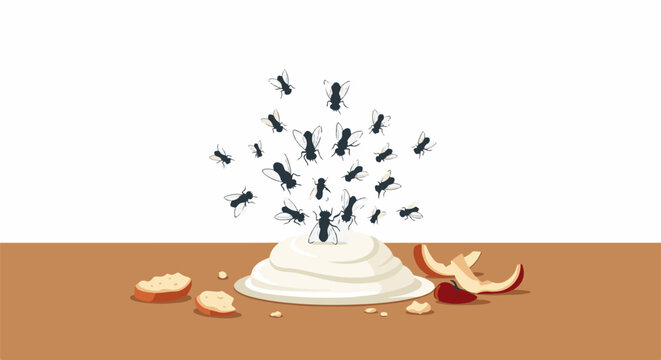 Swarm of flies descending upon a dollop of cream with bread and apple