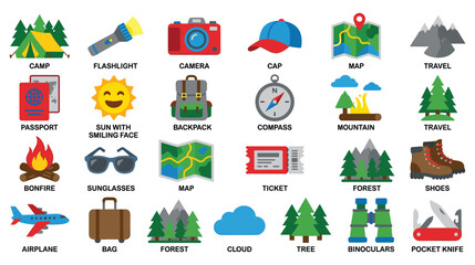 Fototapeta premium Camping travel and adventure flat vector icons set for summer holiday.