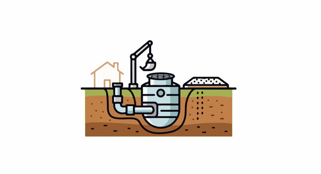 Underground septic system installation with crane near house and soil layers