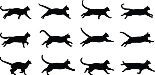 Black silhouette collection of cats in running and jumping poses isolated on white background for pet movement feline behavior and animal motion concepts. © MstAshida