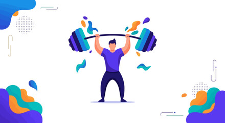 Fototapeta premium Muscular man powerfully lifting a colorful barbell overhead demonstrating strength and dedication during an intense weightlifting workout session.