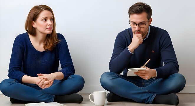 Couple sitting on floor in contemplative mood.