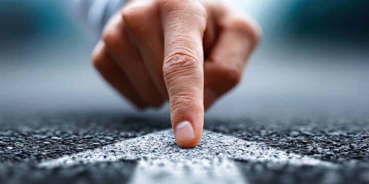 Finger pointing at the start of a white arrow on asphalt, symbolizing a new beginning