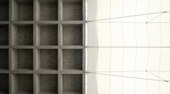 Contrasting architectural ceiling designs with concrete coffers and modern fabric structure.