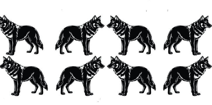 Black silhouette collection of wild wolves standing in various profile poses isolated on white background for wildlife nature and forest animal concepts.