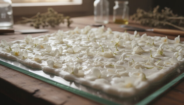 Traditional enfleurage perfume extraction process with fresh jasmine flowers