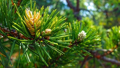Fototapeta premium Close-up of a pine tree branch with green needles and cones