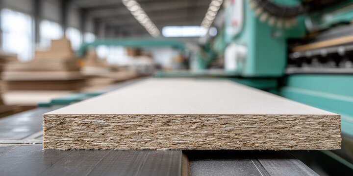 Close-up of particle board edge in a woodworking factory with machinery in the background