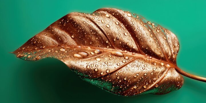 Close-up of a metallic copper leaf covered in water droplets against a teal background